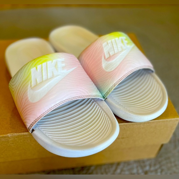 Nike Shoes - Nike Slides White Rainbow Pink Women’s Size 8
